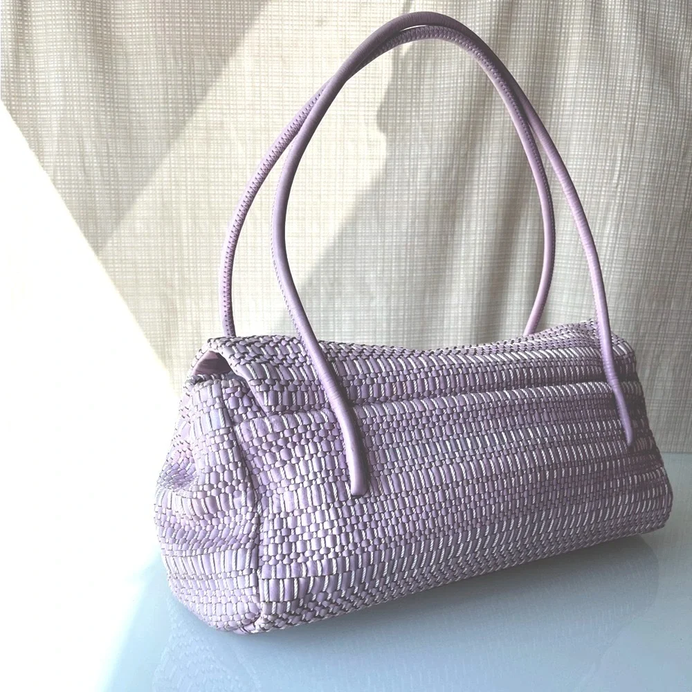 Vintage Sigrid Olsen Leather Y2K Baguette Bag East West Bag Woven Leather - Picture 5 of 16